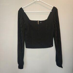 NWT 90s Bebe women Sz S croptop velour long sleeves gold zip scalloped neckline